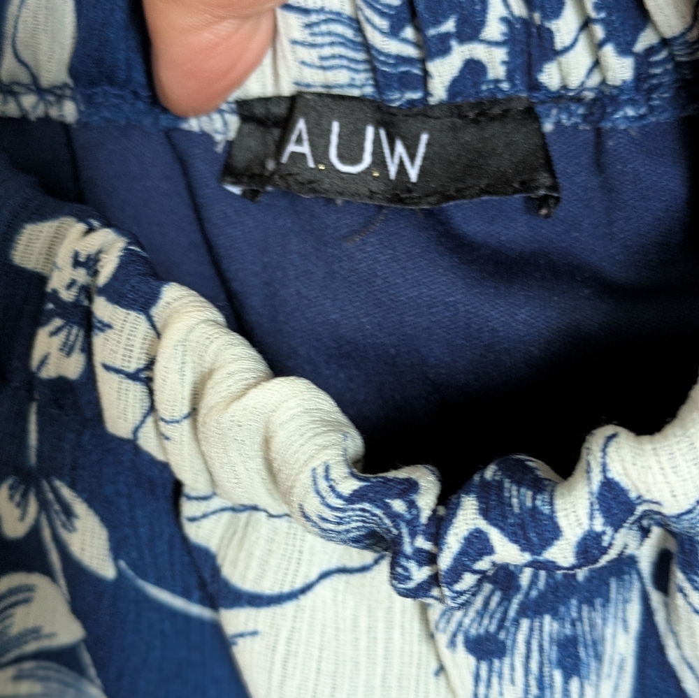 AUW Blue White Floral Tropical Wide Leg Jumpsuit w/ Pockets Shoulder Ties - Picture 7 of 16